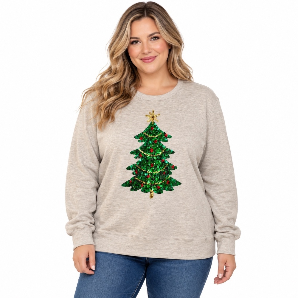 Holiday Time Sweater Womens Large Beige Christmas Tree Sequin Ugly Pullover